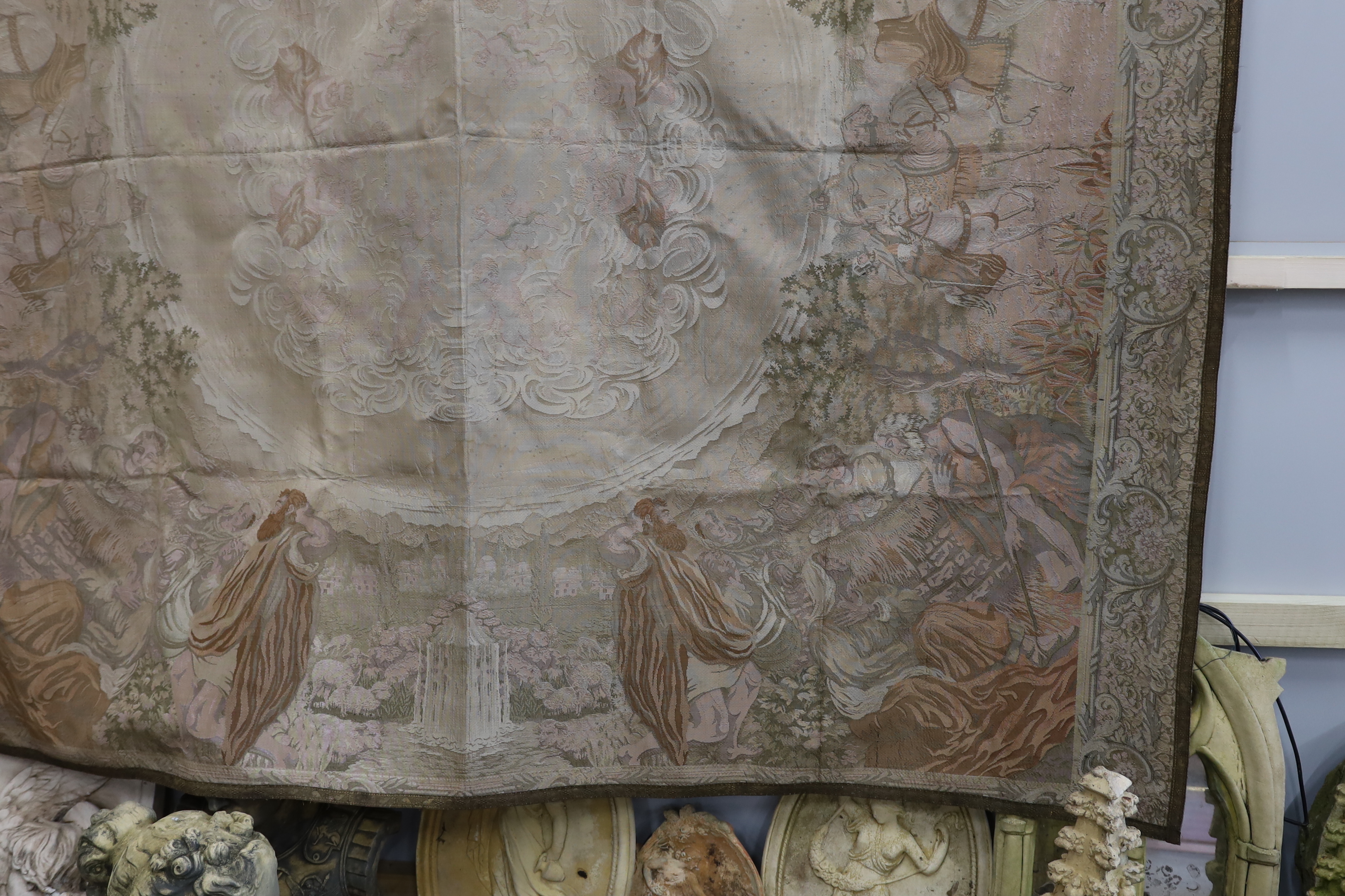 A metallic woven machine tapestry edged in metallic braiding, the tapestry depicting various scenes from the nativity, 225cm x 200cm